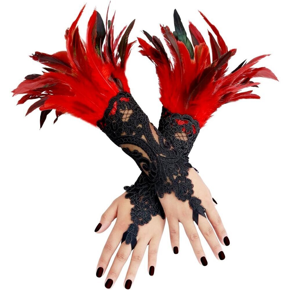 Women's Lace Feather Long Gloves 2PC Mesh Cuff Wedding Halloween Party